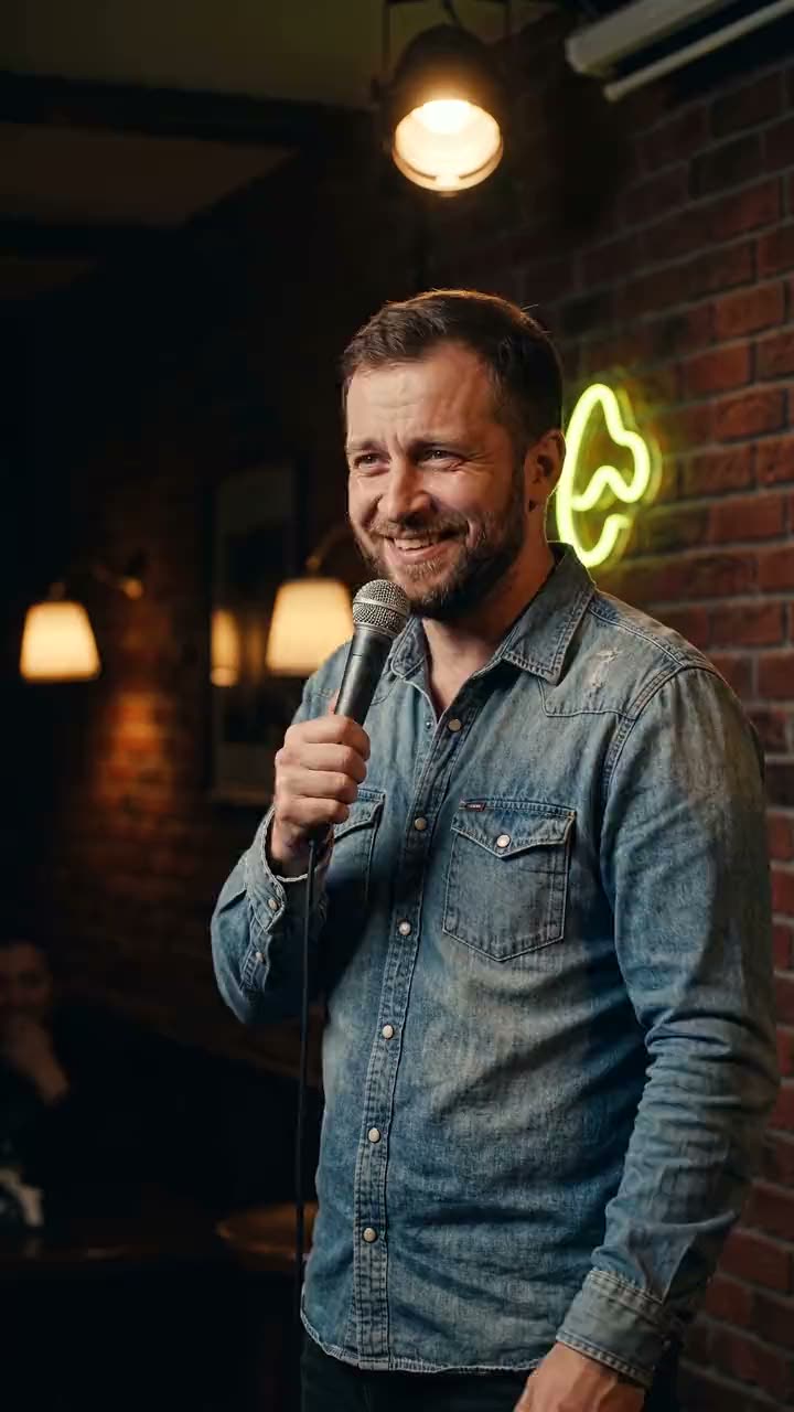 Vertical clip from a stand-up set: comedian on stage, the swear word bleeped in captions